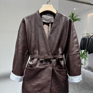 欧洲站2024新欧货绵羊皮小西装女V领真皮皮衣腰带风衣中长款外套