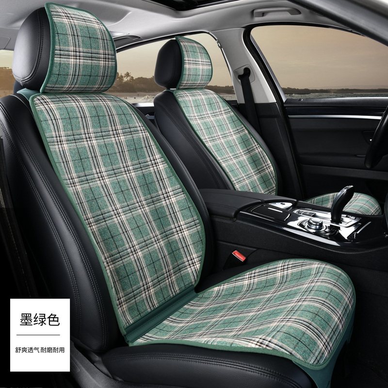 百搭简约亚麻格子布艺高尔夫汽车坐垫id3朗逸通用防滑透气座垫