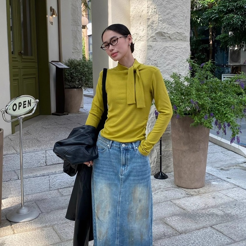 小立领绑带设计收腰小衫2025秋季新款女弹力修身显瘦百搭打底衫