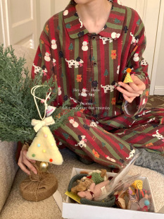 圣诞雪人小狗磨毛纯棉睡衣春秋男女复古条纹家居服套装 ins情侣款