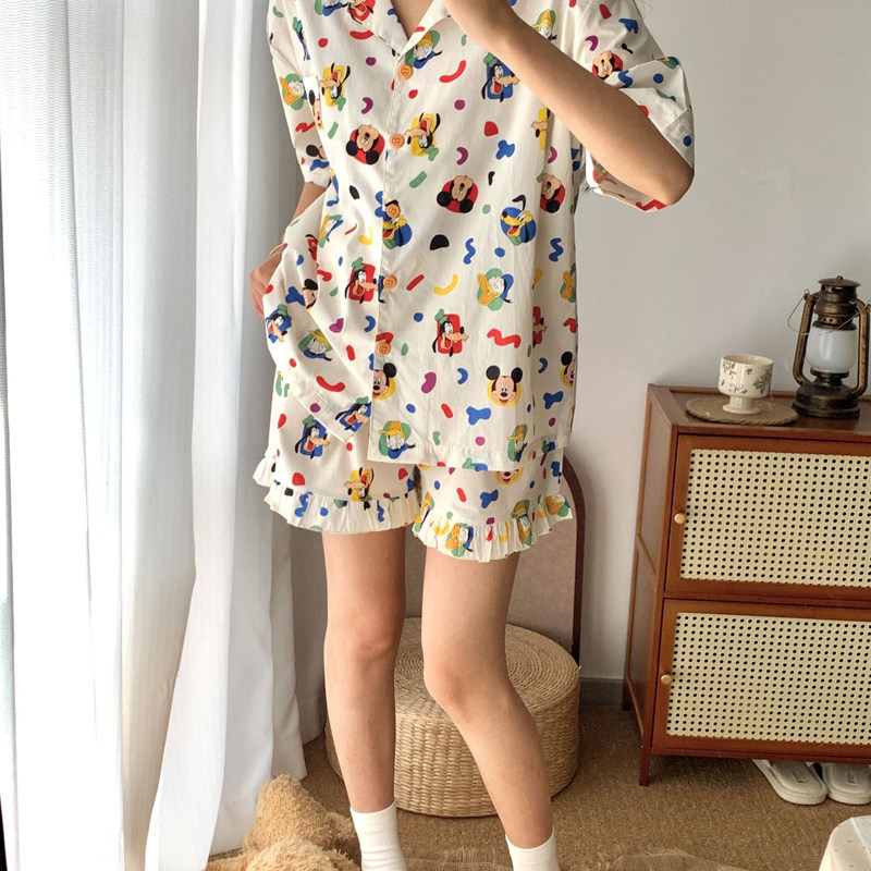 日系卡通纯棉梭织棉短袖甜美荷叶边短裤西装领家居服套装夏季睡衣