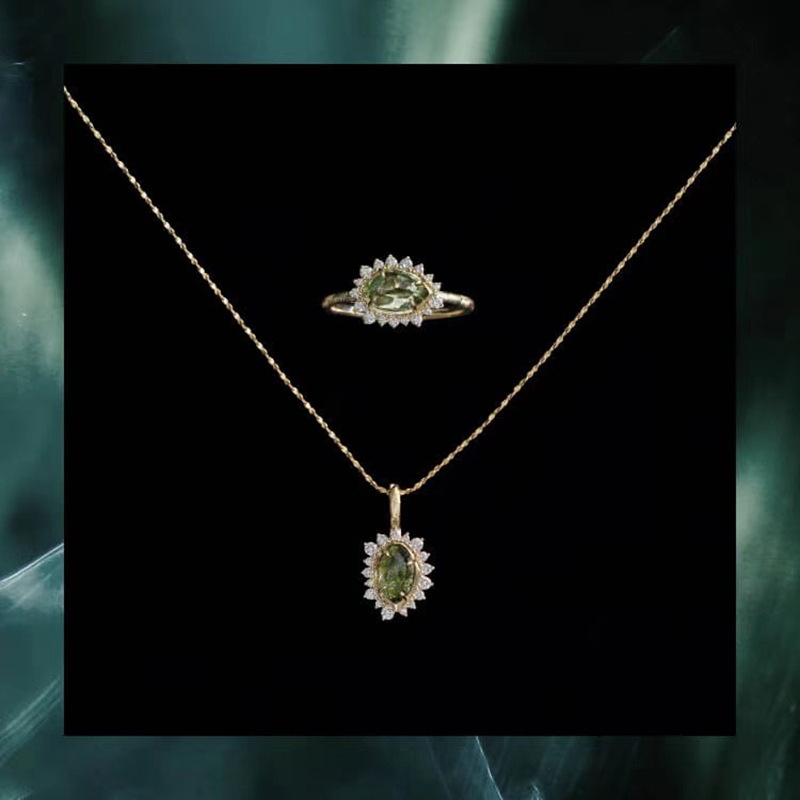 日系轻奢 新品茂密森林 太阳光芒 橄榄石 s925银镀10K金 吊坠项链