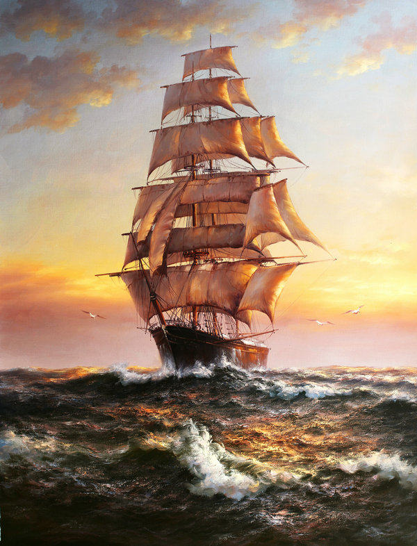 玄关挂画 办公室墙画壁画一帆风顺帆船喷绘装饰画无框画画芯油画