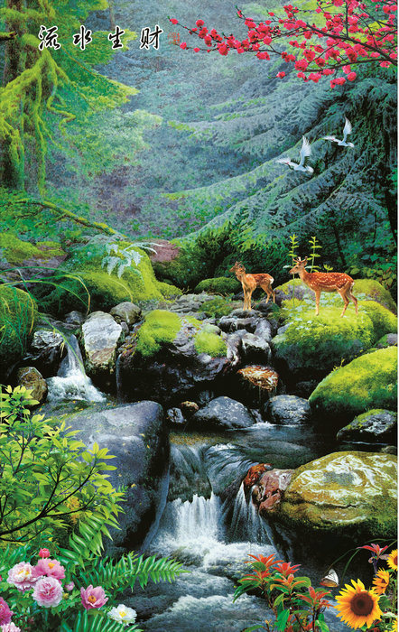 靠山流水生财中式风喷绘装饰画