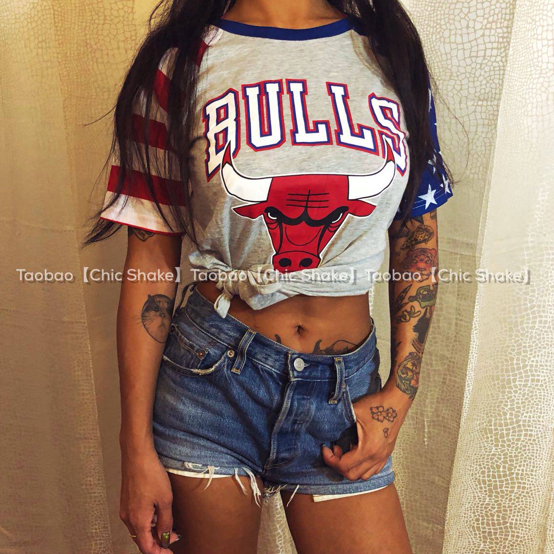 Chic Shake Short sleeved jacket Versatile bulls bull Stars and Stripes Raglan T-shirtin the Women's clothing/Boutique , T-shirt  category - from Buy2taobao.com to provide professional Taobao agent buy service