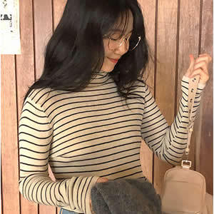 新款 条纹修身 东大门女装 2023秋冬季 韩国代购 高领薄毛衣针织衫 正品