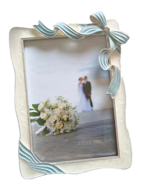 清仓日本原单5寸6寸7寸粉白蓝蝴蝶结飘带金属相框创意精致礼物