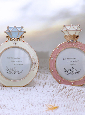 出口日本3寸描金钻石皇冠金属相框小摆台圆形轻奢精致礼物下午茶