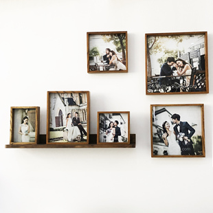实木复古照片墙6框整套婚纱照宝宝照挂墙正方形创意玻璃相框托盘