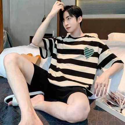 新款100%纯棉男士睡衣夏季短袖短裤夏天全棉家居服套装睡衣男长裤