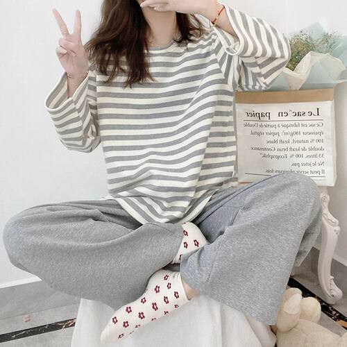 新款100%纯棉睡衣女士春秋季长袖带胸垫夏季可外穿全棉家居服套装
