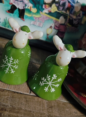 中古陶瓷绿色雪花圣诞风麋鹿造型铃铛一对儿孤品！有开片