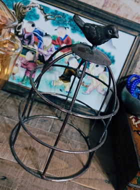 中古厚铁鸟笼造型首饰架花架装饰摆件孤品