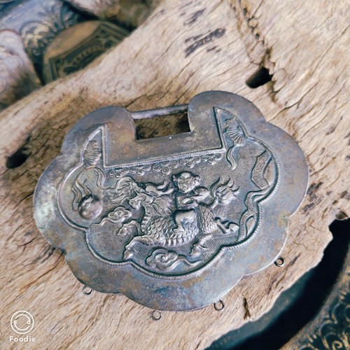 双面工老银超大号如意锁麒麟送子金玉满堂孤品！克重123g
