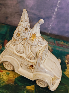 美式乡村陶瓷圣诞老人圣诞树小汽车造型装饰摆件孤品（能亮灯）