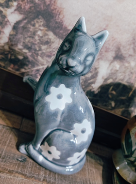 景德镇手作猫咪造型家居装饰摆件孤品！手绘小白花！14*20厘米
