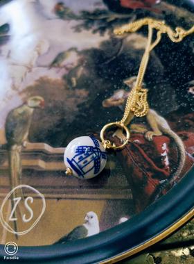 西西手作~风车图案青花瓷陶瓷珠子项链毛衣链