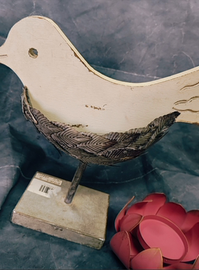 复古做旧底部加重处理铁木结合小鸟装饰花盆摆件收纳盒孤品不退换