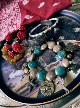 地中海民族风海洋动物陶瓷手串纹银手环景泰蓝手镯不规则玛瑙手链