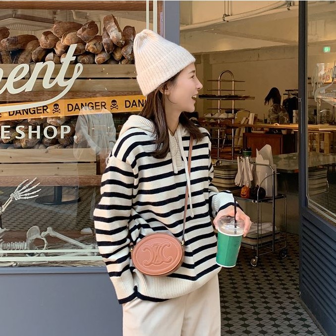 My girl秋季新款韩国代购休闲风百搭流行舒适条纹连帽套头针织衫