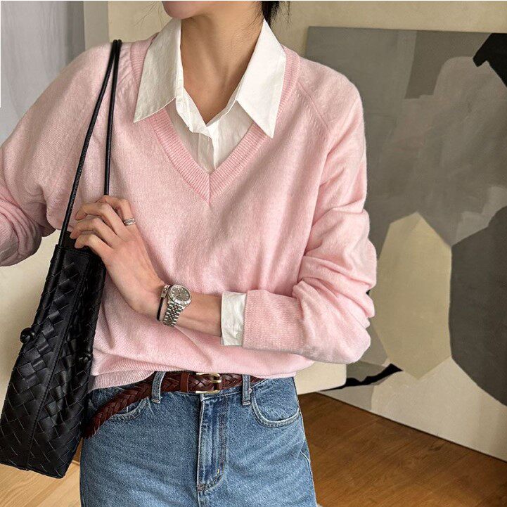 My girl春季新款韩国代购简约流行百搭时尚舒适V领纯色套头针织衫