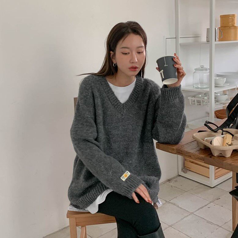 My girl秋冬新款韩国代购lylon流行时尚舒适百搭休闲风V领针织衫