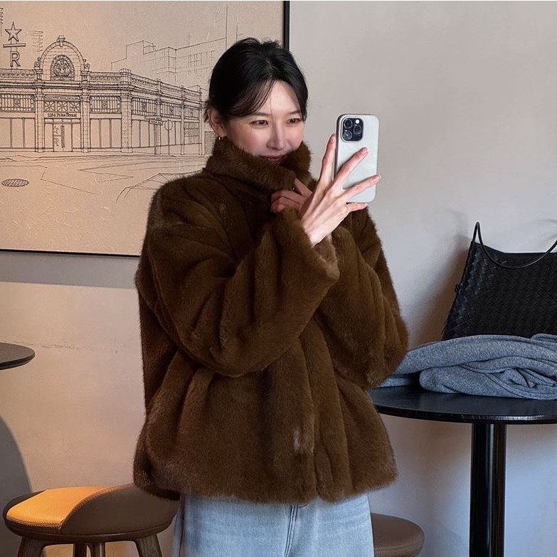 冬季新款韩国代购流行时尚简单百搭纯色休闲风舒适保暖皮草外套