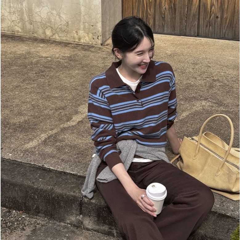 My girl秋季新款韩国代购休闲风百搭流行舒适简单条纹套头针织衫