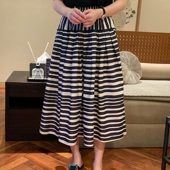 My girl春季女装韩国正品代购简约长款舒适条纹拼色松紧腰半身裙