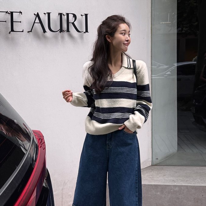 My girl秋季新款韩国代购休闲风百搭流行简单显瘦条纹套头针织衫