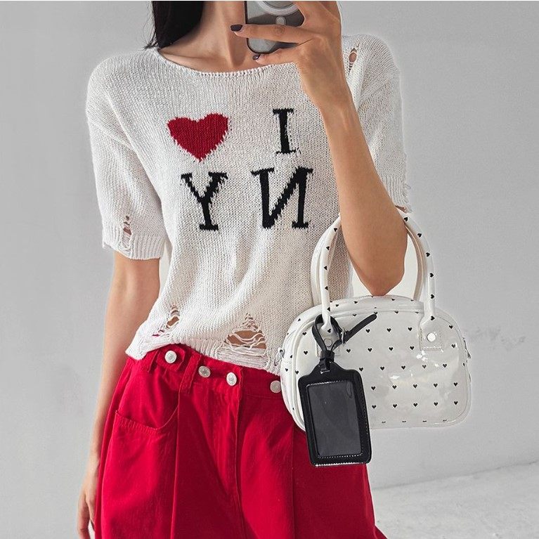 My girl夏季新款韩国代购淑女气质流行字母时尚破洞套头针织衫