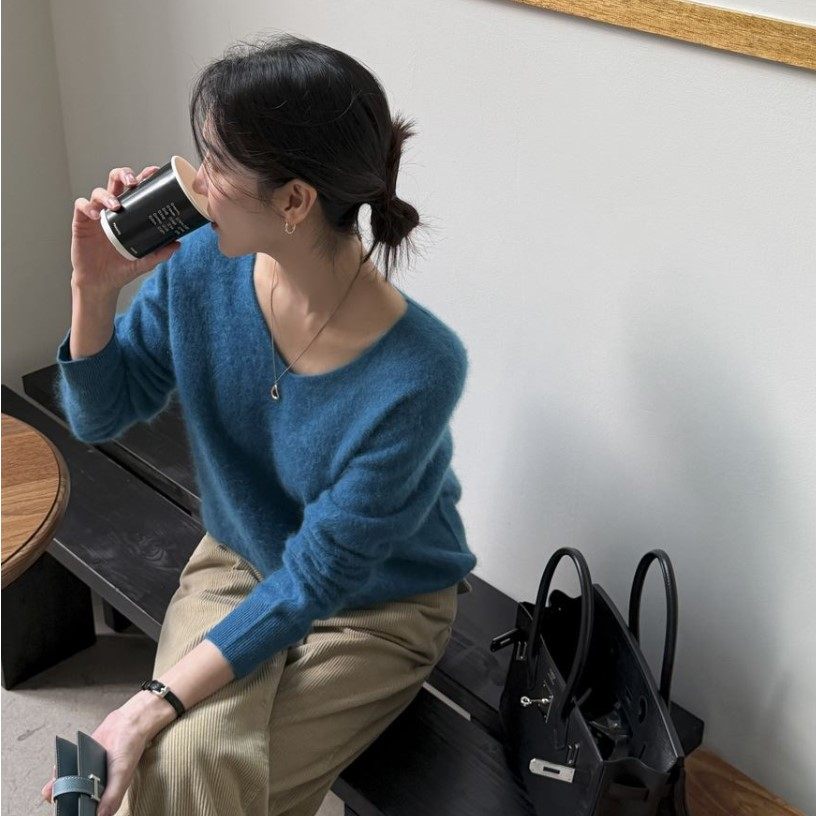 My girl冬季新款韩国代购流行时尚简单百搭纯色舒适V领套头针织衫