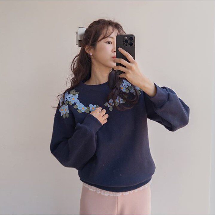 My girl春季新款韩国代购淑女风甜美简约流行可爱花纹套头卫衣