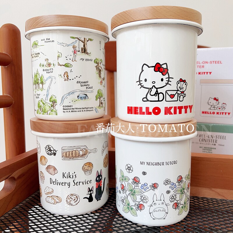 现货日本带回维尼熊龙猫黑猫吉吉Kitty搪瓷圆形储物罐杂粮收纳