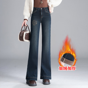 宾利酷堡女裤女复古蓝加绒直筒微喇牛仔裤女2025年秋冬季新款时尚