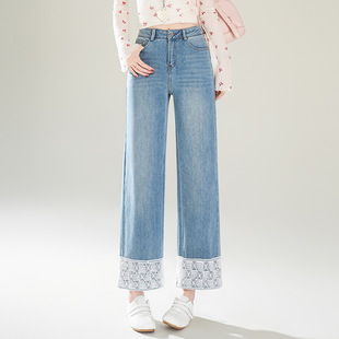 宾利酷堡女裤女浅蓝色花边九分直筒牛仔裤女2026春夏新款高腰显瘦