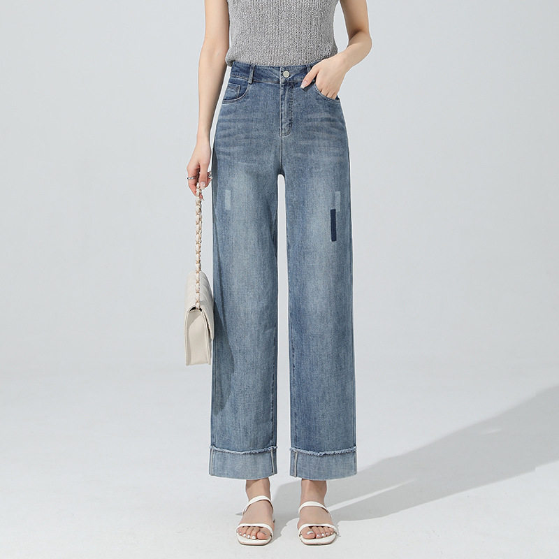 宾利酷堡女裤女2026春季高腰牛仔直筒蛋卷裤女外翻毛边九分窄版阔