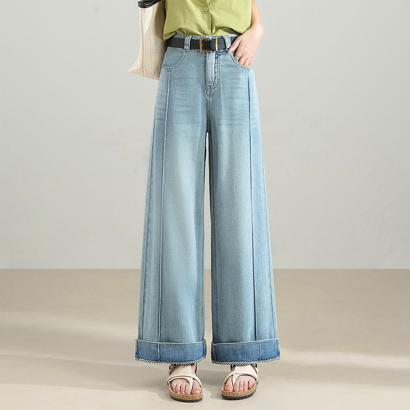 宾利酷堡女裤女浅色薄款阔腿牛仔裤女夏2026新款高腰宽松直筒裤小