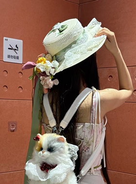 原创lolita手作蝴蝶结洛丽塔女系夏季遮阳防晒田园蕾丝花边草帽子