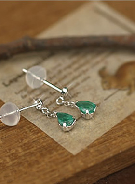 日本代购饰品水滴梨形天然祖母绿吊坠14K白金耳环耳钉耳坠耳饰女