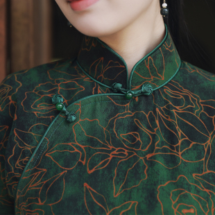 香云纱旗袍女桑蚕丝线镶绲祖母绿色古法无省修身 夜玫瑰 旧时如婳