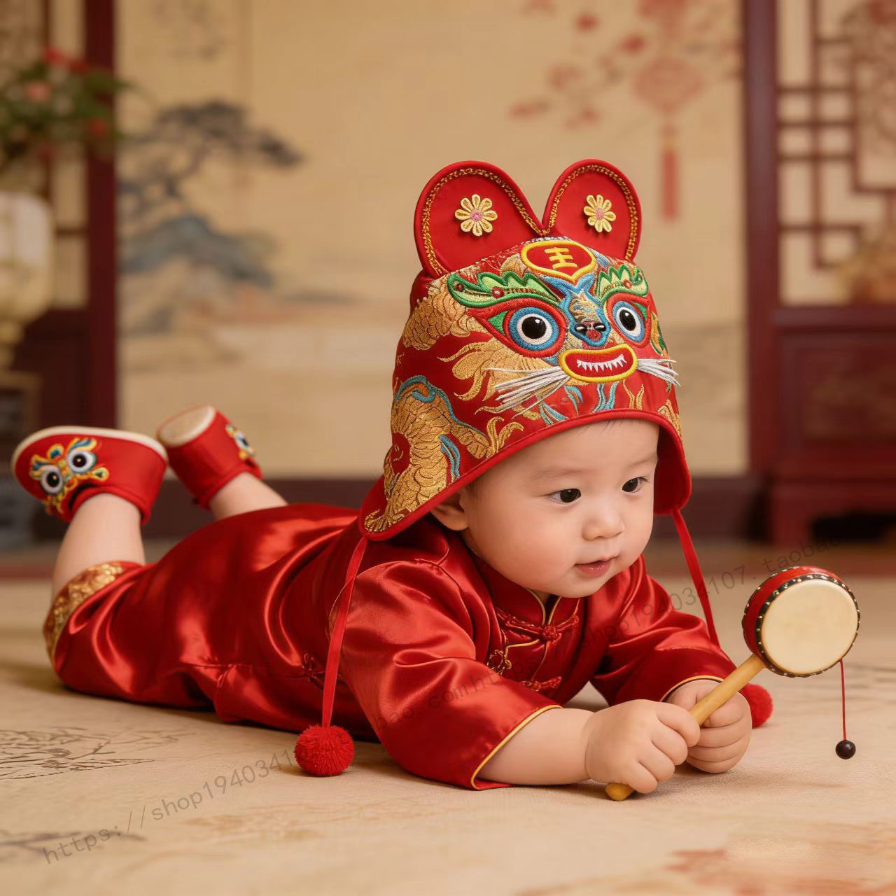 婴幼儿刺绣老虎虎头帽满月周岁