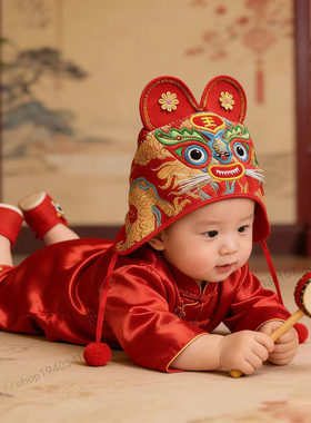 婴幼儿刺绣老虎虎头帽满月周岁