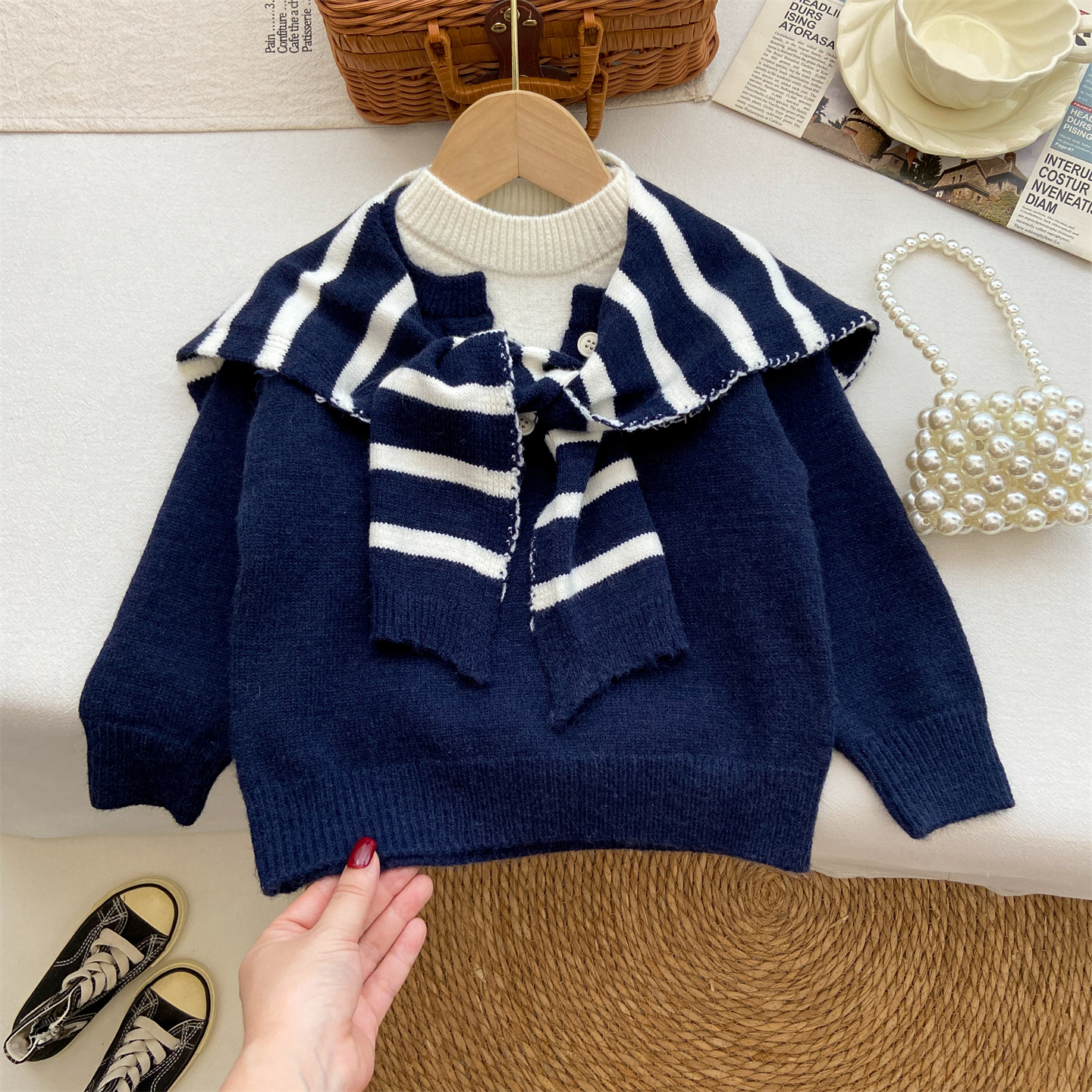 女童毛衣洋气时髦秋冬季新款上衣韩系条纹披肩圆领针织衫小衫内搭