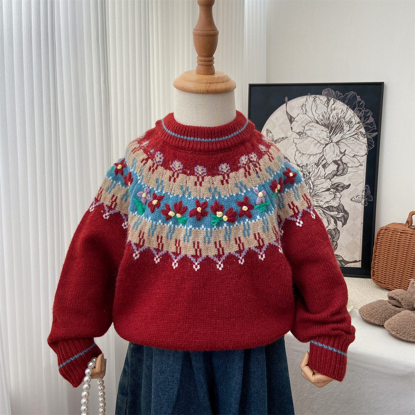 女童红色毛衣2025新款宝宝冬季加厚圆领针织衫刺绣小花韩系毛线衣