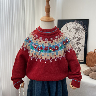 女童红色毛衣2025新款宝宝冬季加厚圆领针织衫刺绣小花韩系毛线衣