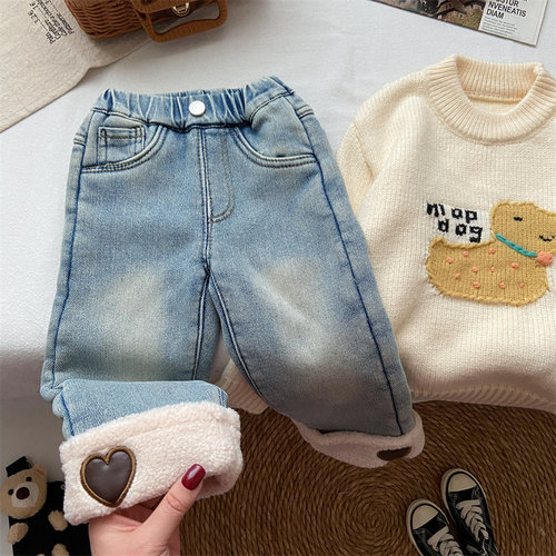 软牛仔加厚羊羔绒直筒裤保暖长裤