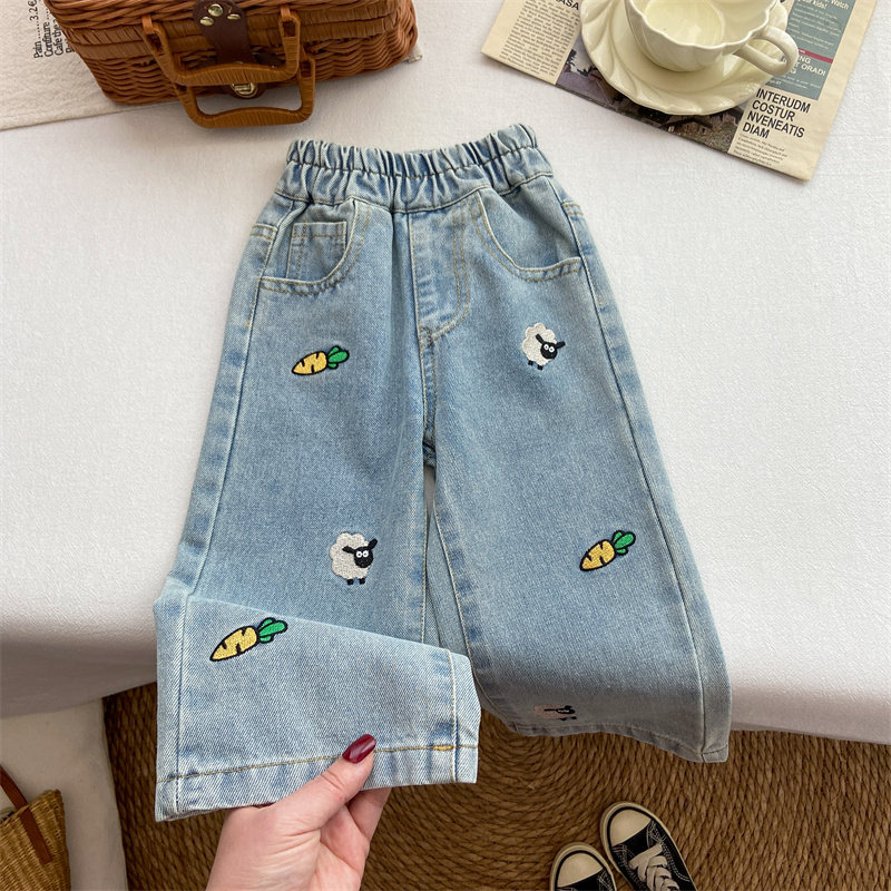女童牛仔裤春季直筒裤宝宝韩系洋气时髦长裤春秋浅蓝色刺绣裤子潮