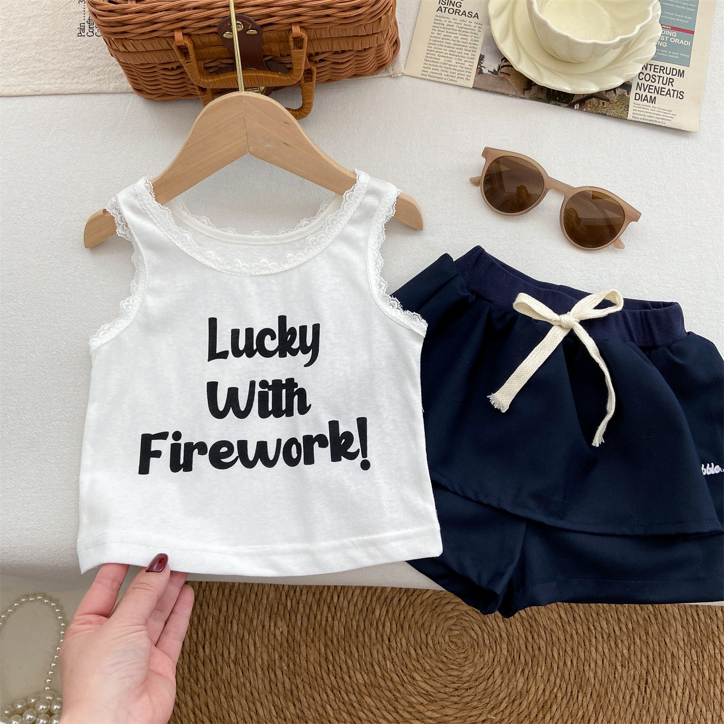 女童夏季套装宝宝洋气时髦外穿白色花边背心短裤小女孩时尚裙裤潮