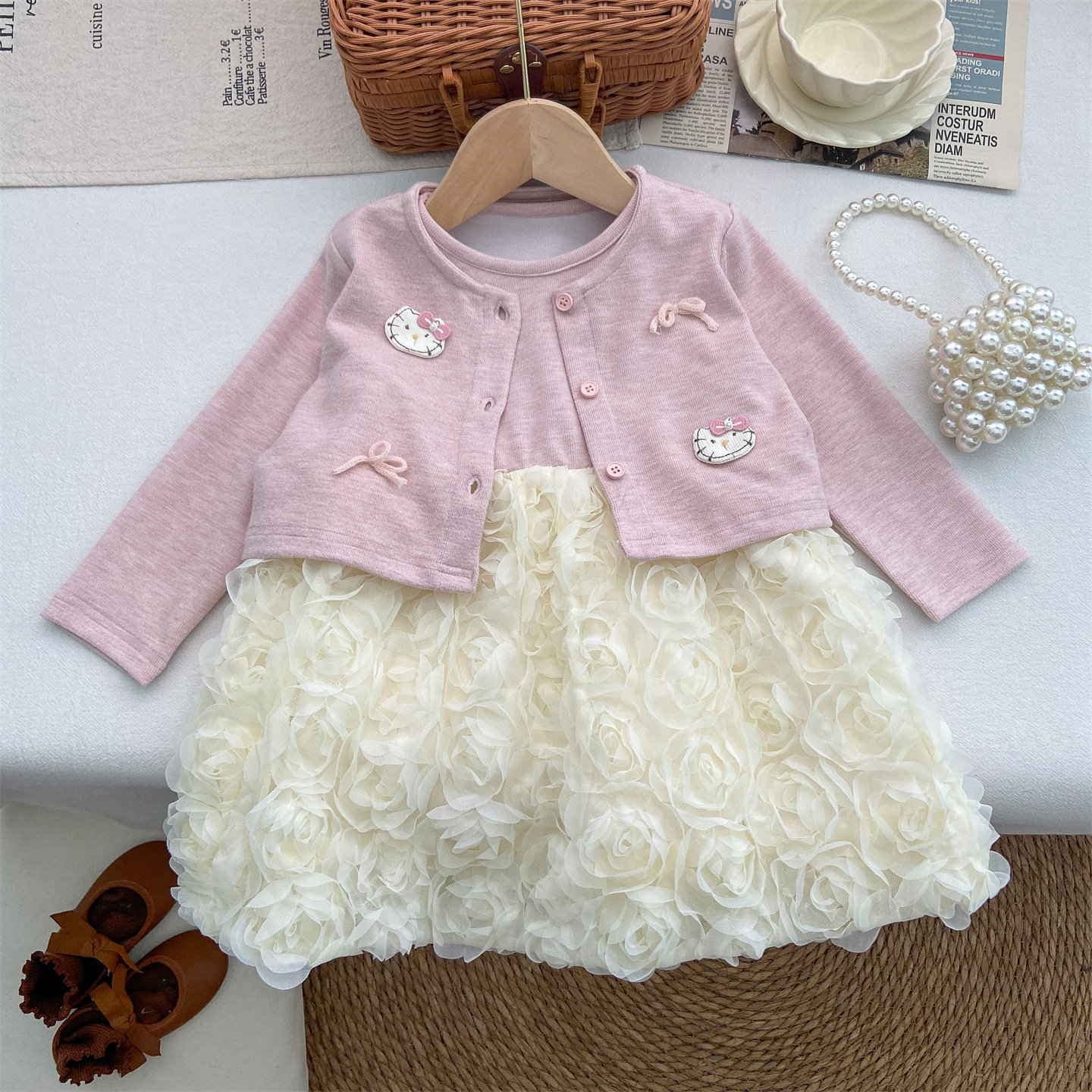 女童春款套装2026新款时髦洋气宝宝韩系小猫长袖开衫背心裙纱裙子